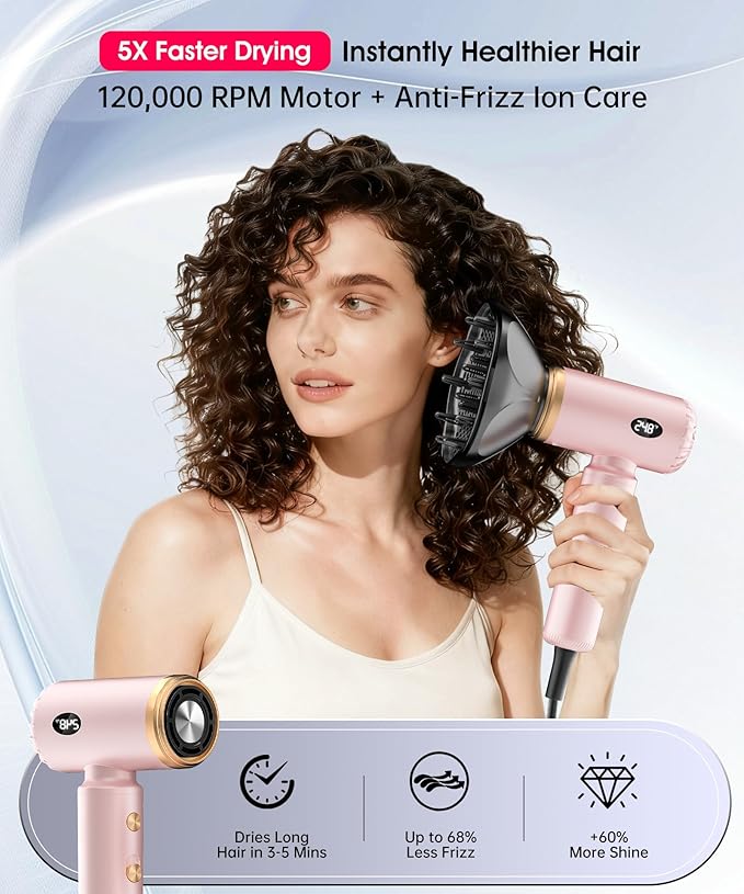 Travel Hair Dryer, Dual Voltage Mini Ionic Blow Dryer for Fast Drying, Compact Lightweight Hair Dryer with Magnetic Diffuser for Home & Travel, Portable Hairdryer International 110-240V (Pink)