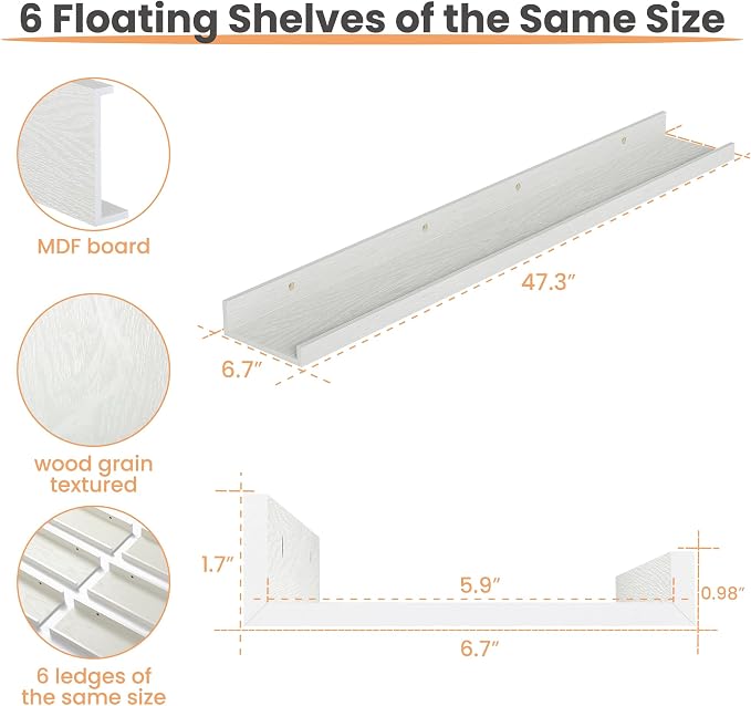 upsimples Floating Shelves for Wall Decor and Storage, White, 6Pcs 47.3'' | Wall Mounted Wood Shelves for Living Room, Bedroom, Kitchen, Office, Hallways Display and Organize Photos