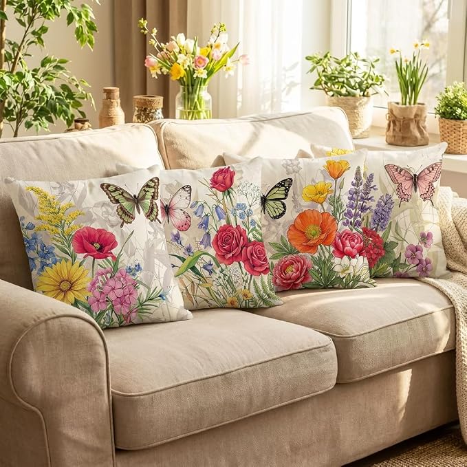 wyooxoo Throw Pillow Covers 20x20 Set of 4 Decorative Spring Pillow Covers Linen Flower Butterfly Farmhouse Pillowcases for Sofa Couch Living Room Outdoor