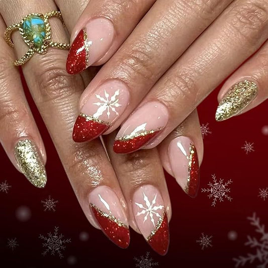 Christmas Nails Press ons Red French Tip Fake Nails Medium Almond False Nail Artificial Acrylic Glossy Full Cover Gold Glitter Glue on Nail Snowflakes Stick on Nail for Women Xmas Manicure 24Pcs
