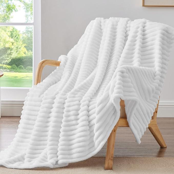 BEDELITE Ribbed Twin Blanket for Couch & Bed, Bright White, 60"x80" | Ultra-Soft Plush Fleece, Cozy, Warm Yet Lightweight, Ribbed Texture, Home Decor, Machine Washable, Giftable, All-Season Use