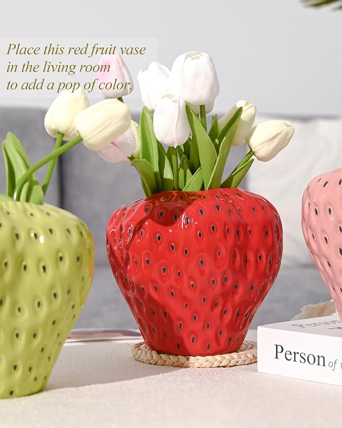 DN DECONATION Red Strawberry Vase, Ceramic Flower Vase for Table Home Decor | Strawberry Flower Vases for Colorful Home Decor, Decorative Cute Vase for Office, Mantel, Shelf, Strawberry Party Decorations