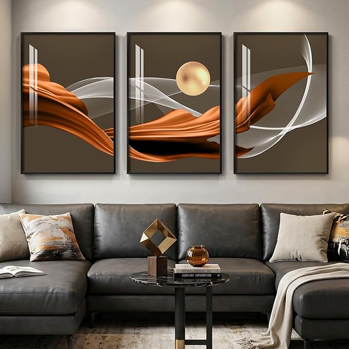 3 Piece Large Framed Modern Wall Art for Living Room, Abstract Brown Luxury Artwork for Walls, Contemporary Minimalist Line Pictures Prints Paintings for Dining Room Office Wall Decor 24x36 Inch