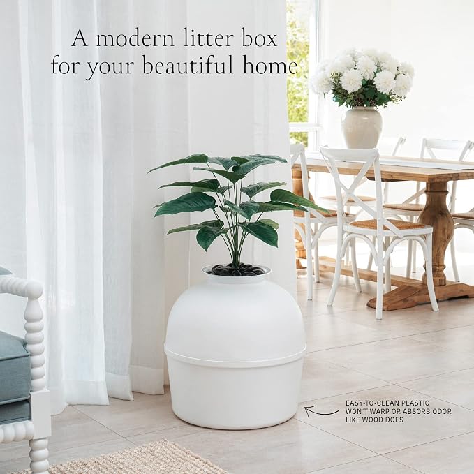 Secret Litter Box by Bundle & Bliss - Hidden Litter Box Enclosure, Patented Design with Odor Control, Includes Faux Plant, Carbon Filter and Real Stones Vivid White
