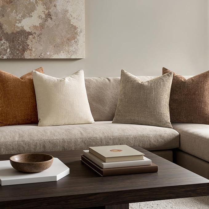 MIULEE Pack of 4 Fall Decorative Throw Pillow Covers 18x18 Inch Chenille Textured Throw Pillows Boho Farmhouse Cushion Covers Vintage Home Decor for Couch Sofa Bed Living Room，Beige Taupe Brown