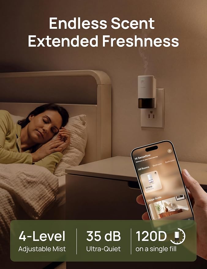 Essential Oil Diffuser for Home, Smart Waterless Aromatherapy Diffuser SF101S Pro, Plug in Room Scent with Timer & 120-Day Natural Aroma – Free 30ml Spike Lavender