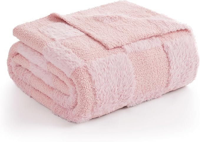 Snuggle Sac Checkered Throw Blanket,Fluffy Faux Fur Knitted with Soft Microfiber Warm Throw Blankets for Couch, Sofa, Chair, Bed, Camping, Picnic, Travel, Solid Pink, 50x60 inches