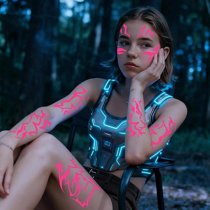 Temporary Tattoos For Men and Women - 12 Sheets Full Body Tattoos Stickers Waterproof Movie Cosplay Costume Accessories for Boys Girls Festival Party Rave Stage Makeup Decoration（Fluorescent）