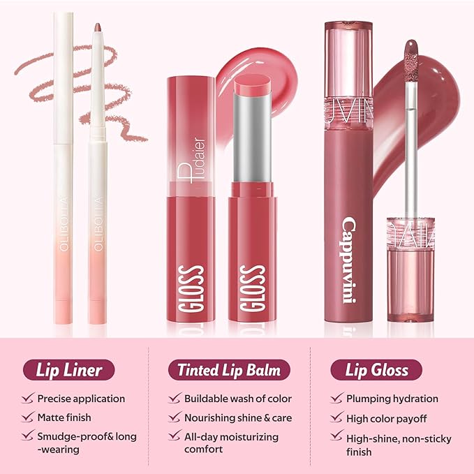 3PCS Lip Combo Set - Matte Lip Liner Pencil + Hydrating Tinted Lip Balm + Juicy Lip Gloss Tint, Non-Sticky, Long-Lasting, High Pigment Lip Makeup Kit (Sweet Fig Set)