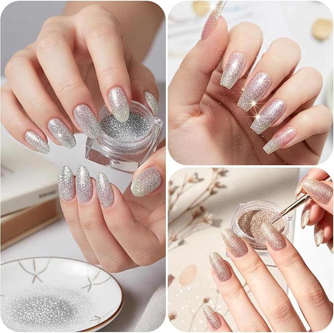 4PCS Diamond Dust Glitter, Sparkling Nail Powder for Crafts, 4 Colors Korean Gel Nail Polish, Holographic & Translucent Setting Powder Kit for Nails Art Supplies Party Wedding