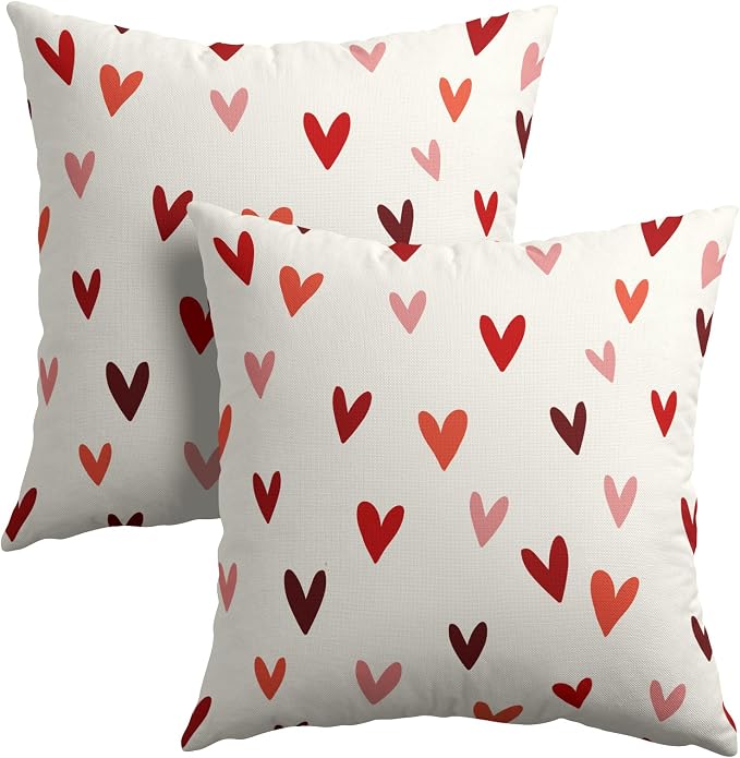 Kawani Valentine's Day Throw Pillow Covers 20x20 in, Set of 2 Red Pink Love Hearts Bridal Decorative Pillow Cases Cotton Linen Cushion Cover for Farmhouse Wedding Couch Sofa Home Decor