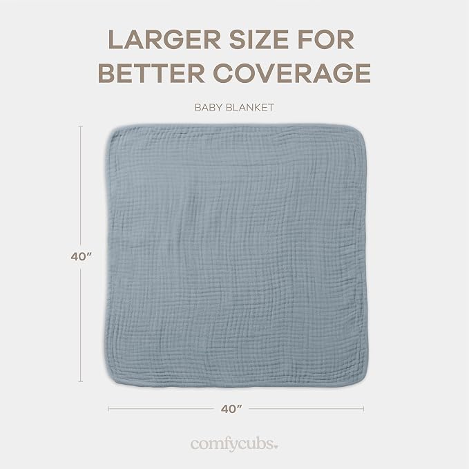Comfy Cubs Muslin Baby Blanket 40" x 40" L - Swaddle Blankets, Pacific Blue | Soft, Lightweight, 6-Layer Cotton Breathable Baby Blankets - Comfortable, Gentle & Versatile Cotton Baby Blankets for Sleep