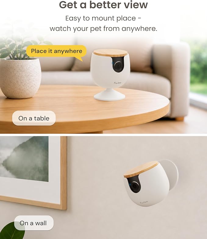 Furbo Mini Pet Camera: Home Security & Smart Alerts, Subscription Required | Stay connected with AI Pet & Home Safety Alerts, Mountable 130° Wide View, Video History, 2-Way Audio, Paid Plan Required
