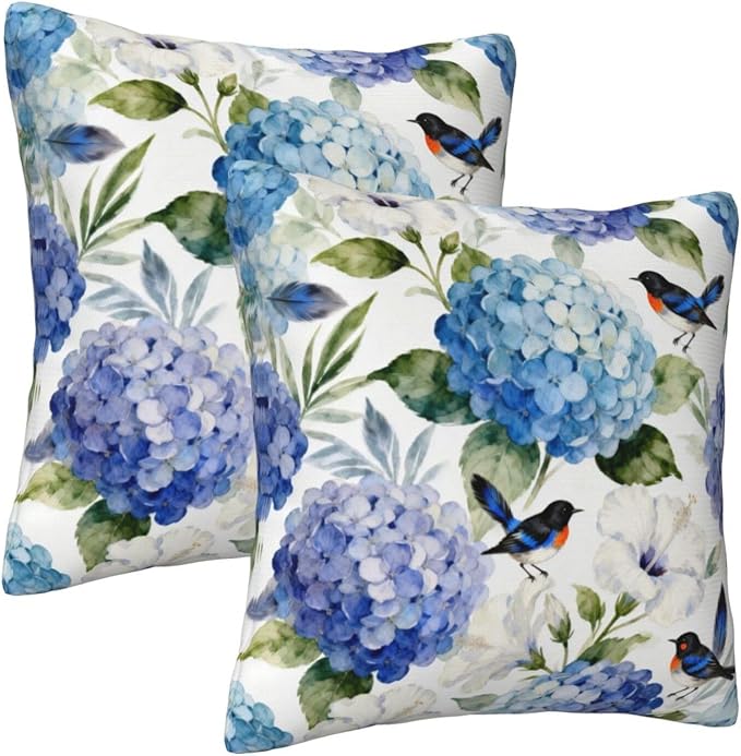 Blue and White Floral Pillow Covers 18x18 Set of 2, Spring Hydrangea Hibiscus Flower Throw Pillow Covers Outdoor Decorative Pillow Case for Couch Bed Sofa Cushion Home Decor