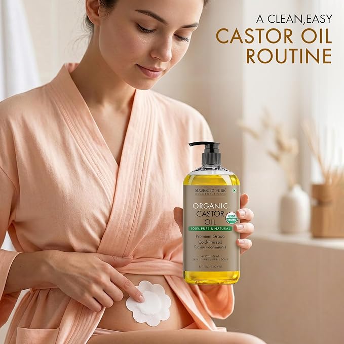 Majestic Pure Oil - 100% Pure and Natural- Cold Pressed & Hexane Free Natural Hair Growth Oil for Eyelashes, Eyebrows, Skin, Body, Face, Nails & Scalp - Organic Castor Oil with Patches 8 Fl Oz