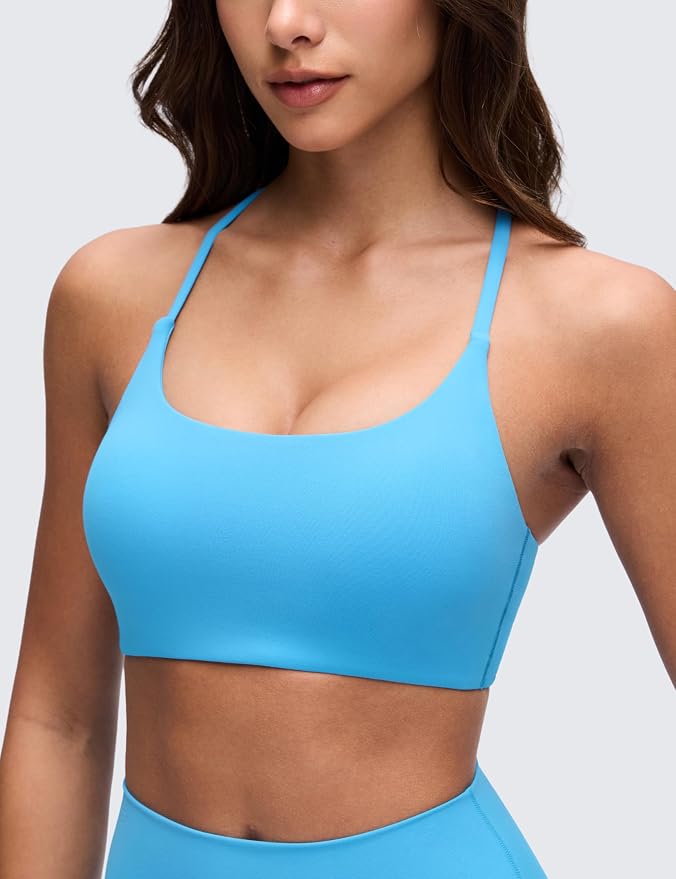 CRZ YOGA Butterluxe Twist Cross Back Sports Bras for Women - U Neck Padded Adjustable Spaghetti Straps Yoga Top
