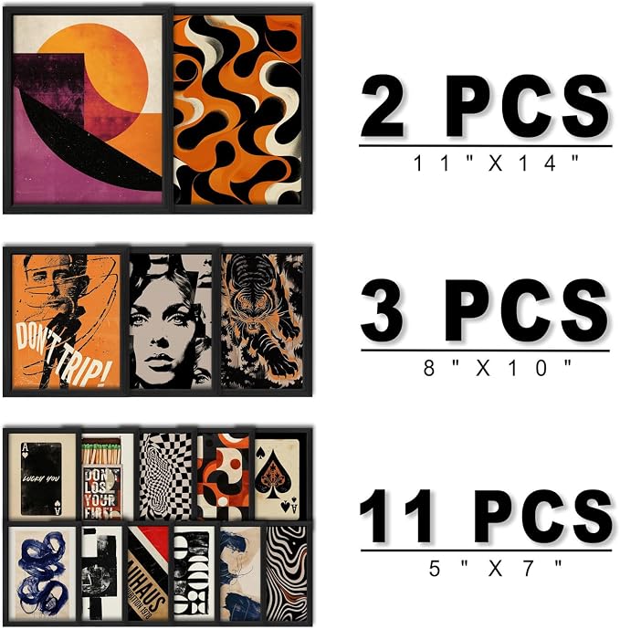 16 PCS Framed Retro 70s Wall Art Decor, Eclectic Vintage Wall Prints for Bedroom, Gallery Wall Frame Set, Abstract Posters for Living Room Aesthetic, Collage Kit, 60s 80s 90s Dorm Home Artwork