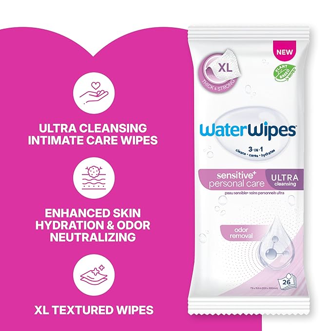 WaterWipes Sensitive Personal Care Ultra, Incontinence Wipes, Odor Removal, Heavy Duty XL Textured Wipes, Fragrance Free, 468 Count (18 Packs)