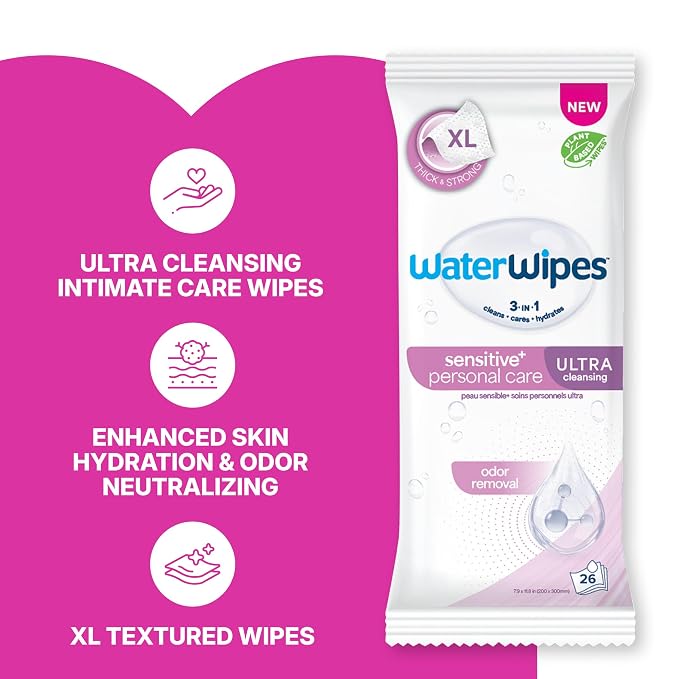 WaterWipes Sensitive Personal Care Ultra, Incontinence Wipes, Odor Removal, Heavy Duty XL Textured Wipes, Fragrance Free, 156 Count (6 Packs)