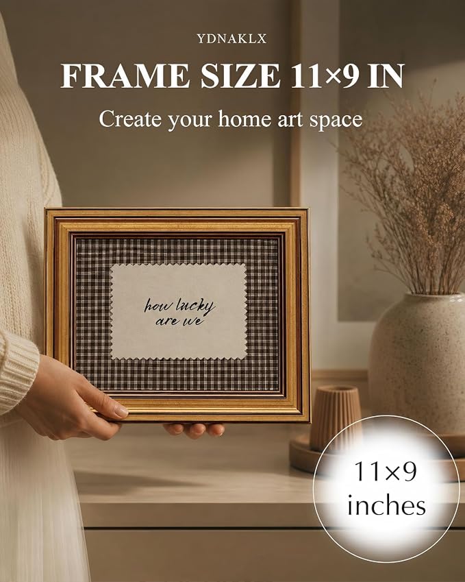 Gold Framed Wall Art, How Lucky Are We Canvas Prints, Rustic Brown Gingham Picture Wall Decor, Funky Preppy Stripe Quotes Artwork for Bedroom Dorm Apartment 9x11 inch