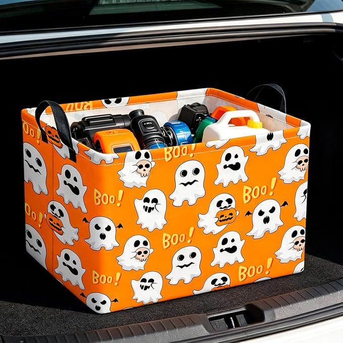 CLOCOR Rectangular Storage Basket Empty,Gift Basket,Room Decor(Yellow Ghosts Halloween)