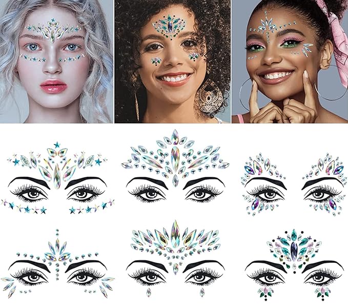 6 Sets Mermaid Face Jewels Rhinestone Face Gems Stick on Halloween Cosplay Party Carnival Festival Crystals Temporary Tattoos