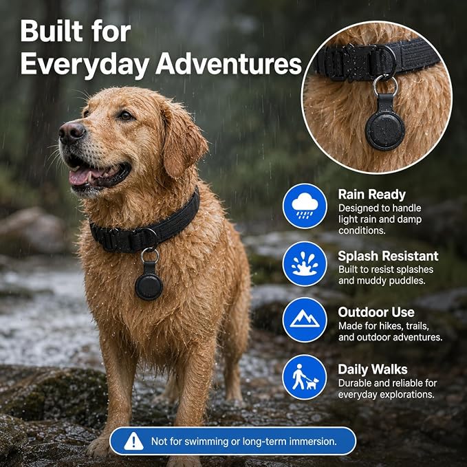 Pet GPS Tracker for Dogs, Compatible with Apple Find My(iOS Only), No Monthly Fee, IP67 Waterproof Anti-Lost Locator, 12-Month Battery, Includes Silicone Collar Holder & Tactical Dog Collar