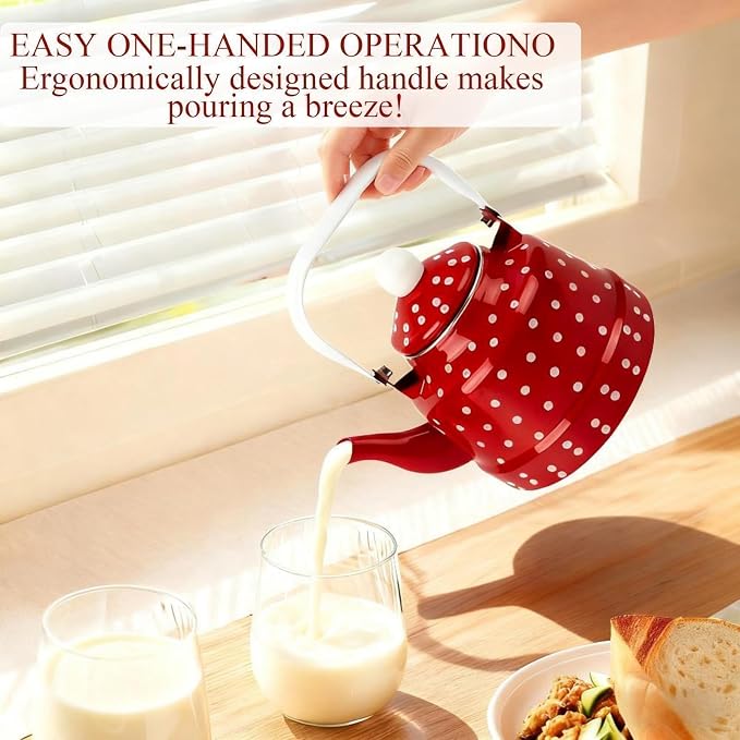 1.8 Quart Vintage Enamel Tea Kettle Stovetop,Enamel Water Kettle Teapot with Red and White Spots,Enamel on Steel Water Coffee with Handle,Hot Water Kettle for Hot Water,No Whistling,Wedding Gifts