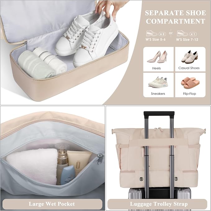 Gym Bag for Women, 45L Carry On Travel Duffel Bag with Shoes Compartment, Weekender Overnight Bag with Wet Pocket for Women, Travel, Gym, Weekend, Large Size