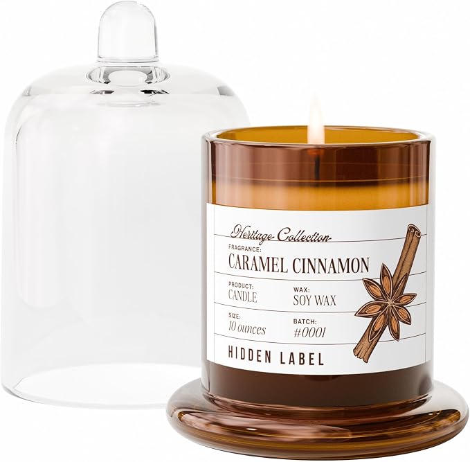 Hidden Label Caramel Cinnamon Candle, 10oz Bell Jar, Fall Aromatherapy | 55H Burn | Amber Base Glass Dome Vessel | Non Toxic Soy Wax | Autumn Spa & Meditation