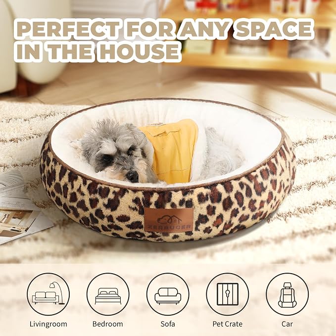 Zerbuger 23in Leopard Round Dog Bed Sofa for Dogs Cats, Machine Washable | for Small/Medium/Large Dogs Cats, Foam Pet Couch with Removable Mat Non-Slip Bottom, Pet Cuddler for Indoor/Outdoor/Car/Cage