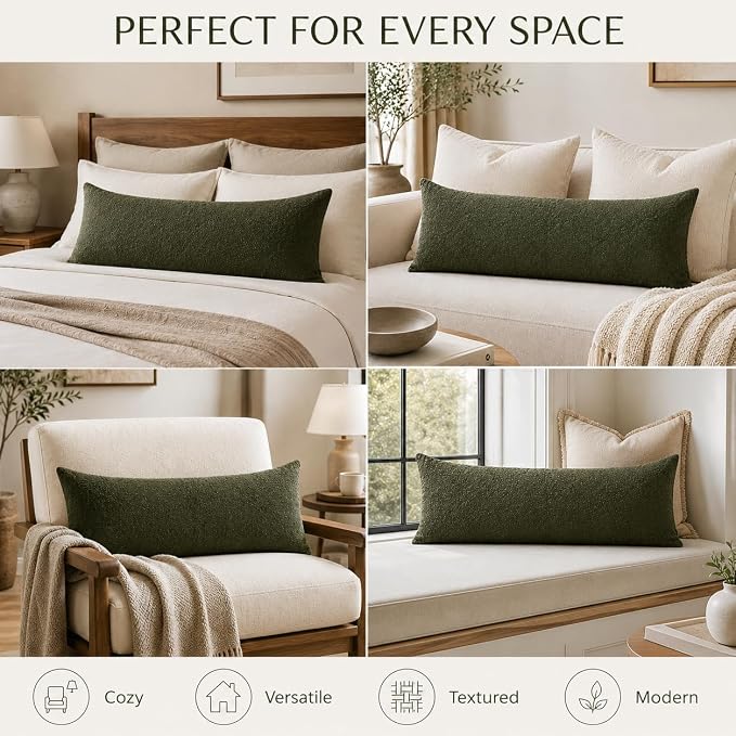 JoraLion 14x36 inch Boucle Lumbar Pillow Cover, Army Green Woven Texture Neutral Long Pillow Cover Breathable Cushion Case for Couch Sofa Bed Living Room Home Decor (Cover Only)