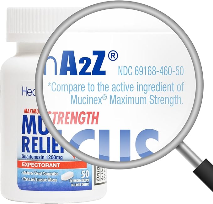 HealthA2Z® Mucus Relief | Guaifenesin 1200 mg | 50 Tablets | 12 Hour | Expectorant | Relieves Chest Congestion | Thins and Loosens Mucus (50 Tablets)