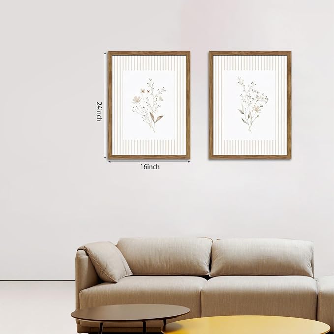 Neutral Wildflower Wall Art Set of 2, Vintage Flower Botanical Wall Decor Painting, Rustic Cottagecore Striped Floral Prints Pictures for Living Room Bedroom 16x24 Inch Framed
