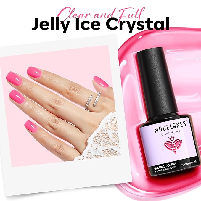 modelones Pink Gel Nail Polish Jelly Pink Rose Gel Nail Polish Translucent Polish Summer Vibrant Soak Off LED Nail Art DIY Nail Manicure 15ML