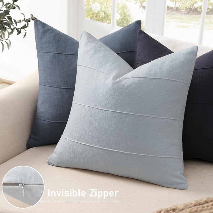 Decorative Linen Throw Pillow Covers 20x20 Set of 2 Solid Handcrafted Striped Cushion Covers for Bed Soft Modern Farmhouse Neutral Pillowcase for Couch Bedroom Living Room Home Decor(Sky Blue)