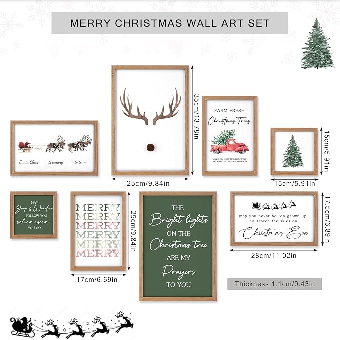 Faccito 8 Set Reindeer Christian Wall Art Framed, Wooden Decor | Religious Quotes Decor for Bedroom Office, Inspirational Scripture Wooden Art, Modern Framed Set for Home Classroom Work