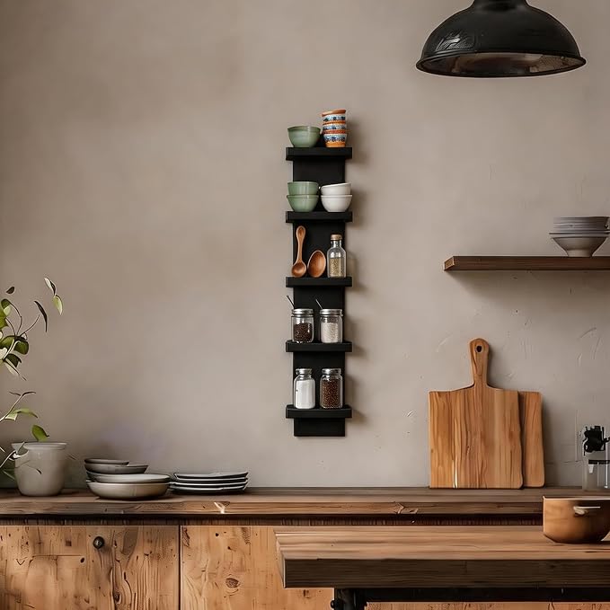 Small 5 Tier Wall Shelves, Black | Vertical Wall Decor Mount, Floating Shelves, Lack Shelf For Bedrooms, Living Rooms, Bathroom, Dressing Room and Entryway