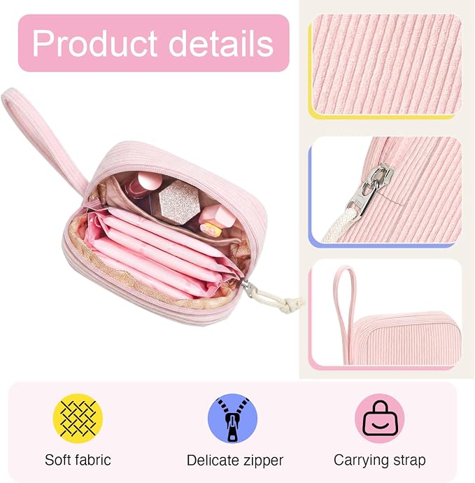 Corduroy Period Pouch for Women, Cute Sanitary Pad Pouch with Zipper, Portable Tampon Holder for Purse, Sanitary Napkin Storage Bag for Travel (BB Pink)