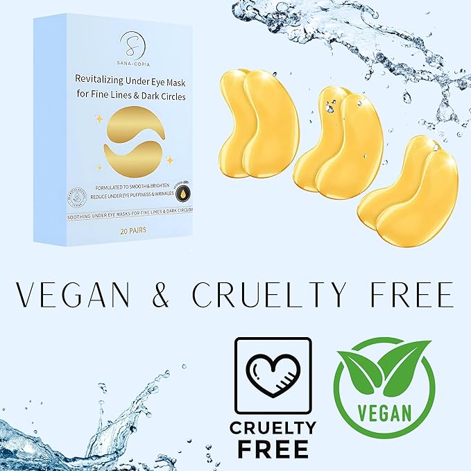 Under Eye Masks - Hydrating Eye Patches for Puffy Eyes & Wrinkles - Anti-Aging, Brightening, Vegan & Clean Beauty - Reduce Undereye Bags & Dark Circles for Women & Men - 20 Pairs (Gold)