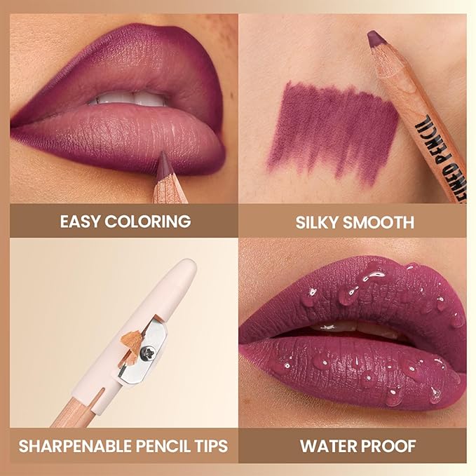 Erinde Nude Matte Lip Liner Set, 6 Colors Lipliner Pencil Pack with Sharpener for Define & Sculpt Lip, Long-Lasting Waterproof Non-Smudge Brown Lipliner Delineador De Labios, 03 Coral Peach Plum