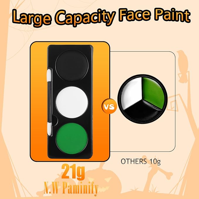 Green Witch Makeup Kit,Black White Green Face Paint + 3PC Sponge + Brush,Zombie Hulk Hunting 3 Colors Body Paint Palette,Safe Halloween Elphaba Costume Frankenstein Cosplay Set for Kids,21g