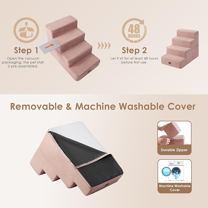 EHEYCIGA Dog Stairs for Bed 18" H, 4-Step Extra Wide Dog Steps for High Bed, Pet Steps for Small Dogs and Cats, Non-Slip Balanced Pet Ramp Indoor, Pink