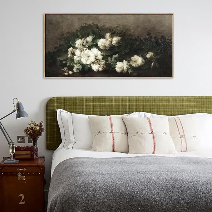 DJSYLIFE Vintage Framed Wall Art, White Rose Still Life Painting,20x40 Inch | Large Floral Canvas Print, Classic Elegant Artwork, Living Room Wall Decor, Long Picture for Bedroom Above Bed, Ready to Hang