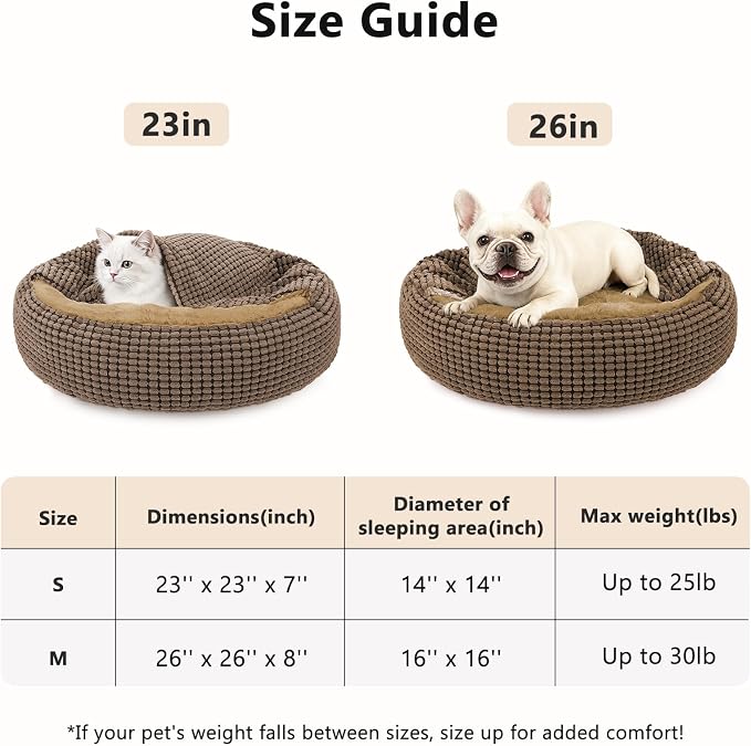Dog Bed with Attached Blanket for Small Dogs or Cats, Soft Plush Cozy Donut Cuddler Hooded Pet Beds Washable. Round Puppy Bed Orthopedic, Calming Cat Cave Bed. Anti-Slip Bottom 26inch