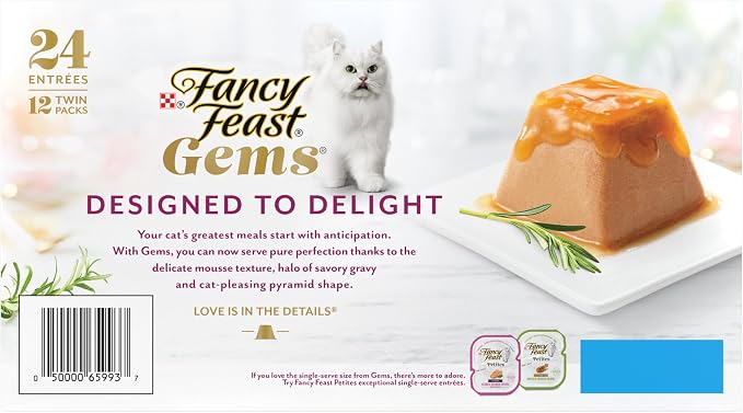 Purina Fancy Feast Gems Salmon Variety Pack Wet Cat Food, 4 oz, 12-Pack | 24 single servings, mousse pate with savory gravy, made with no artificial preservatives, 100 percent complete and balanced