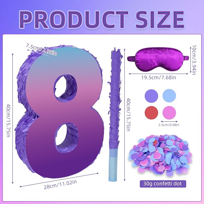 Purple Birthday Party Decorations, Purple Number 8 Pinata with Stick Blindfold Confetti for Girls Boys 8th Birthday Activity Game Gift (15.7 x 11.5 x 3 In)