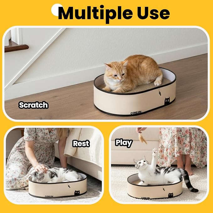 Conlun Oval Cat Scratcher Box with 4 Scratching Pads | Medium | Corrugated Cardboard | Reversible Design | Protects Furniture | Enclosed Bottom | Mess-Free Lounge Bed for Indoor Cats