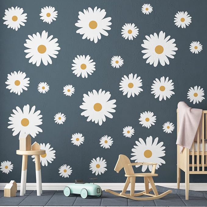 TaoBary 12 Sheet Daisy Wall Sticker Decal,White, Yellow,Multi Petal Style | Big Flower Wall Sticker, Pink White Floral Decal, Daisy Bedroom Room Decor, Removable Peel and Stick, Nursery Home Wall Decor