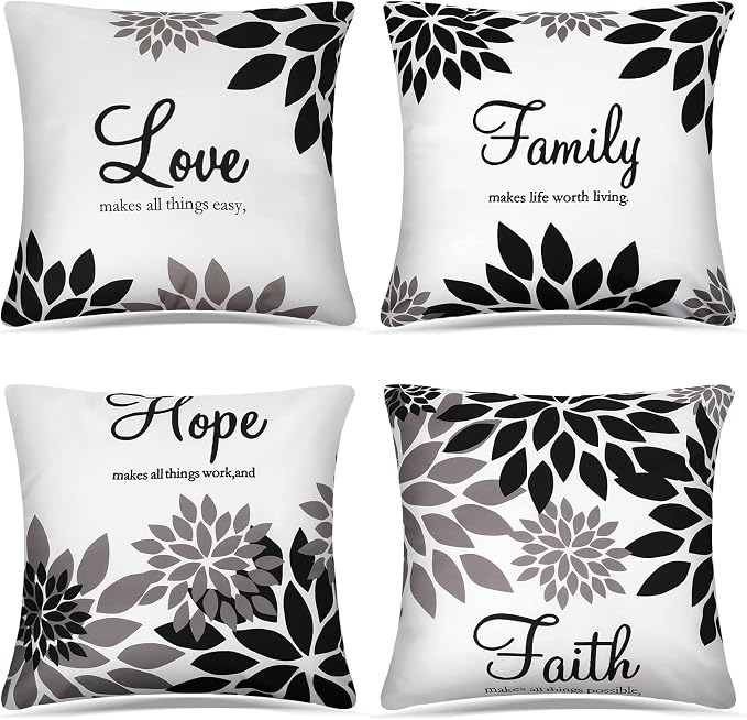 Tatuo 4 Pcs Flower Pillow Covers Square Summer Pillow Cushion Cases 18 x 18 Inch Family Faith Hope Love Words Decorative Spring Winter Cushion Case for Bed Couch Sofa Living Room(Black Series)